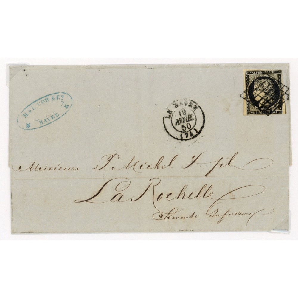 3 Oblitéré Grille du 19/04/1850 - Depart Le Havre (74) - Cote 120 Euros