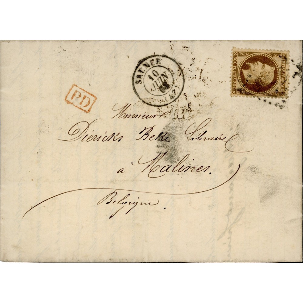 30 Oblitéré  du 10/06/1868 - Depart Saumur (47) -   - Cote 105 Euros