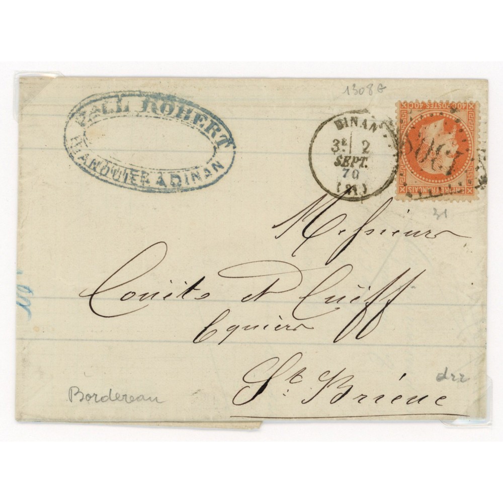 31 Oblitéré GC 1308 du 02/09/1870 - Depart Dinan (21) - Cote 43 Euros