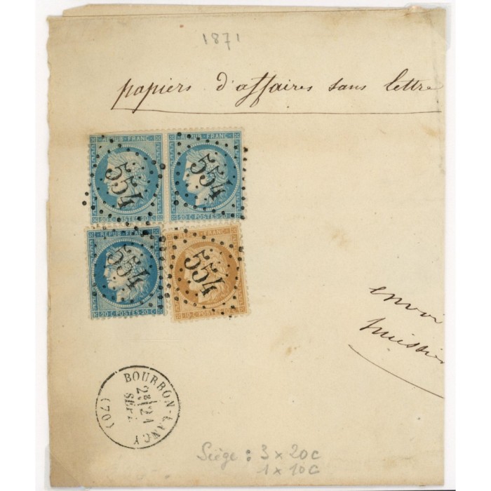 36 & 37 Oblitéré GC 554 du 21/09/1871 - Depart Bourbon Lancy (70) - 3 ex 37, 1 ex 36 - Cote 230 Euros