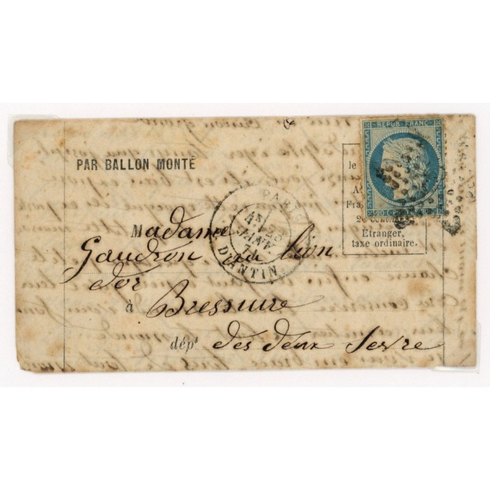 36 Oblitéré Etoile du 23/01/1871 - Depart Paris (60) - Ballon Monté - Cote 300 Euros