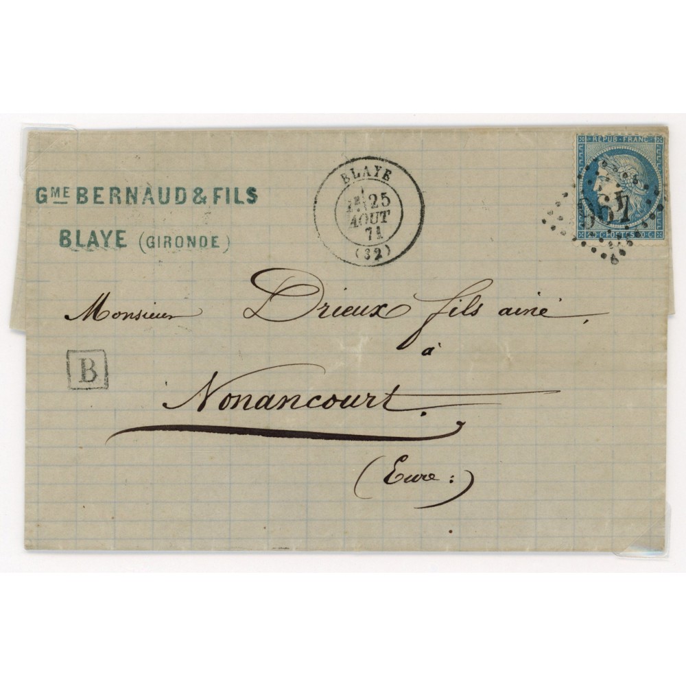 36 Oblitéré GC 496 du 25/08/1871 - Depart Blaye (32) -  B  dans un carré - Cote 203 Euros