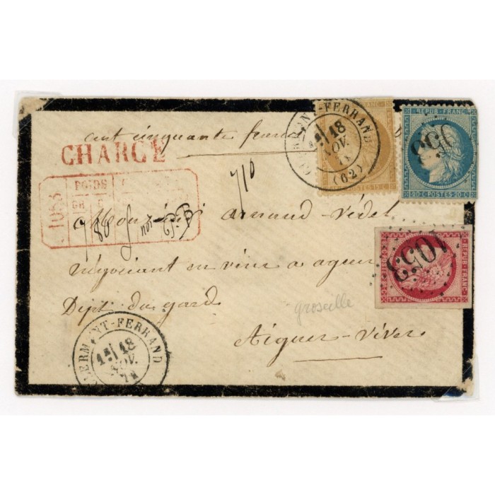 37 49 59 Oblitéré GC 1053 du 18/11/1871 - Depart Clermont Ferrand (62) - Chargé - Cote 53 Euros