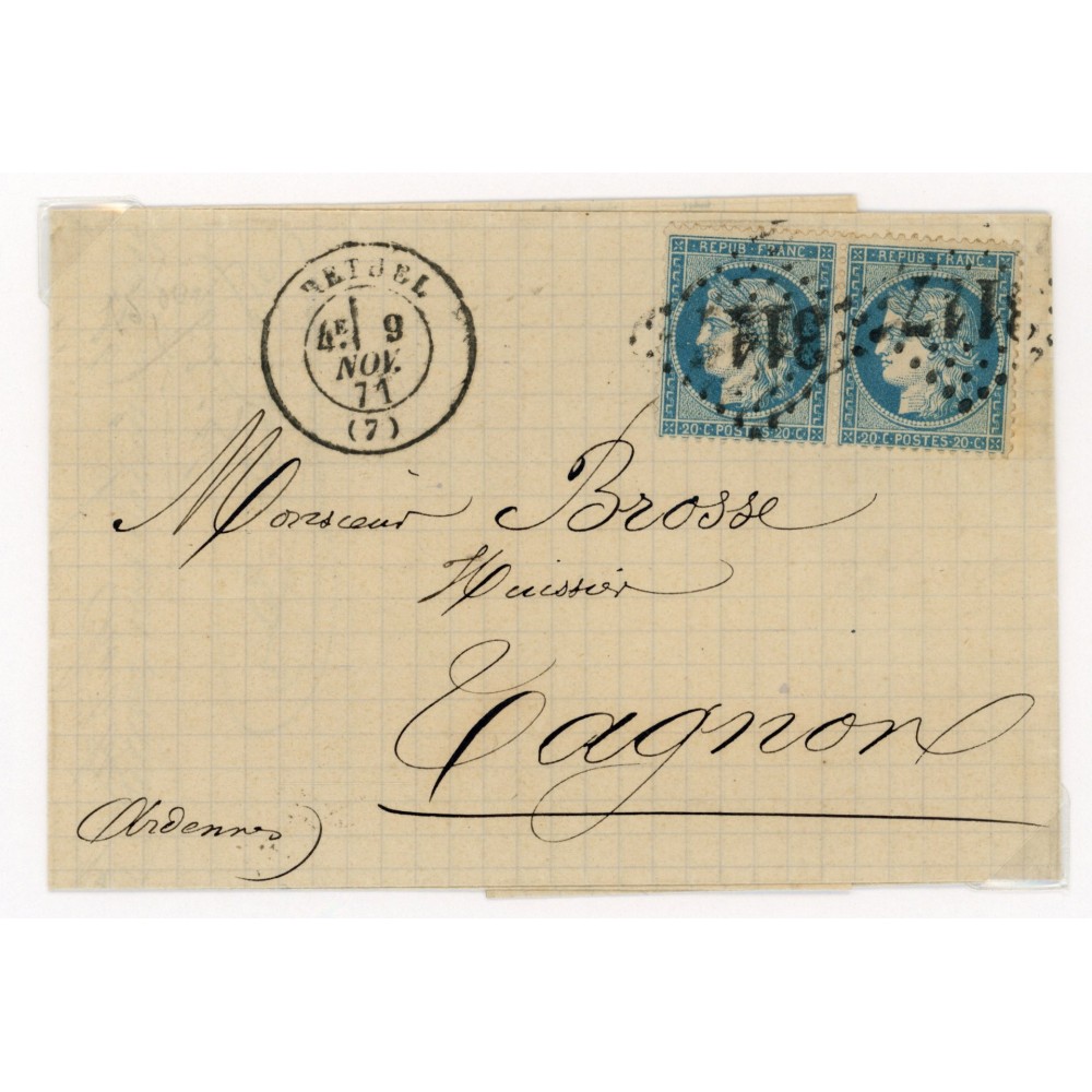 37 Oblitéré GC 3117 du 09/11/1871 - Depart Rethel (7) - Paire - Cote 73 Euros