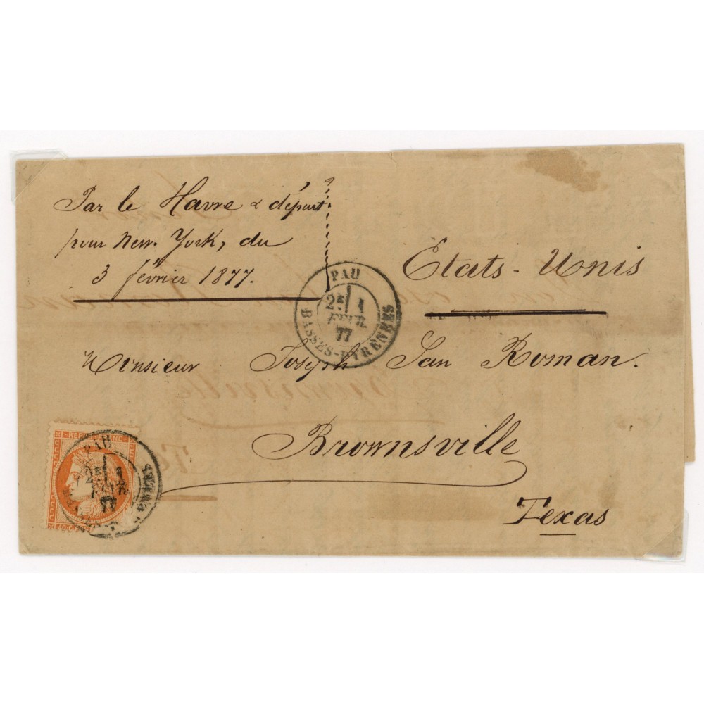 38 Oblitéré Cachet a Date du 01/02/1877 - Depart Pau (64) - Cote 50 Euros