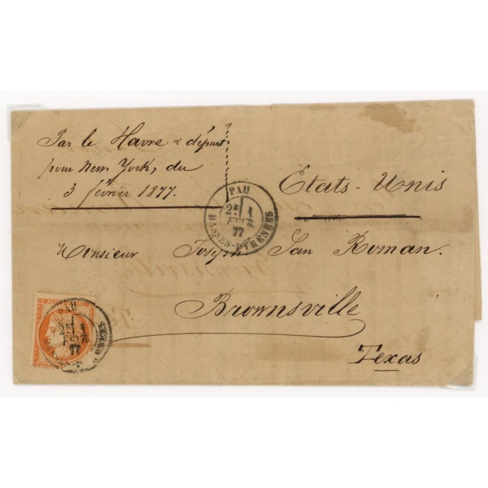 38 Oblitéré Cachet a Date du 01/02/1877 - Depart Pau (64) - Cote 50 Euros
