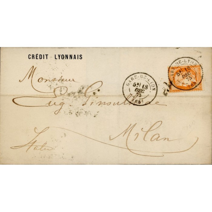 38 Oblitéré Cachet a Date du 18/12/1875 - Depart Gare de Lyon - Cote 50 Euros