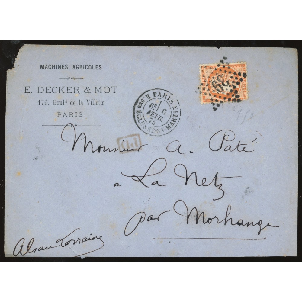 38 Oblitéré Etoile 39 du 06/02/1875 - Depart Paris (60) -   - Cote 105 Euros