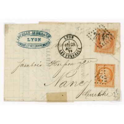 38 Oblitéré GC 2145 du 28/08/1872 - Depart Lyon (68) - 2 Timbres - Cote 53 Euros