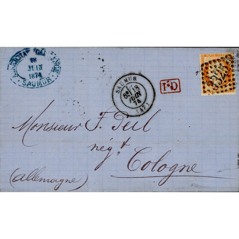 38 Oblitéré GC 3325 du 18/06/1874 - Depart Saumur (47) -   - Cote 88 Euros