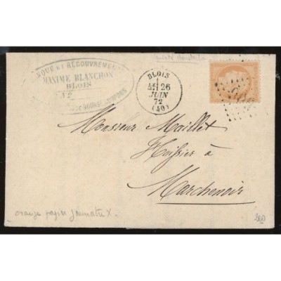 38 Oblitéré GC 506 du 26/06/1872 - Depart Blois (40) - Variété Moustache - Cote 53 Euros
