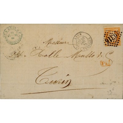 38 Oblitéré GC 6316 du 29/12/1875 - Depart Lyon (68) -   - Cote 88 Euros