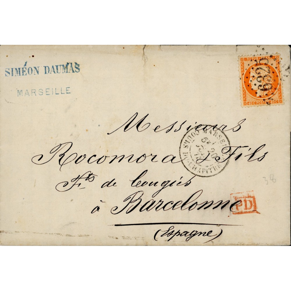 38 Oblitéré GC 6325 du 20/06/1874 - Depart Marseille (12) -   - Cote 88 Euros