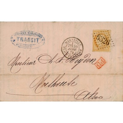 38 Oblitéré GC 6326 du 30/01/1873 - Depart Marseille (12) -   - Cote 58 Euros