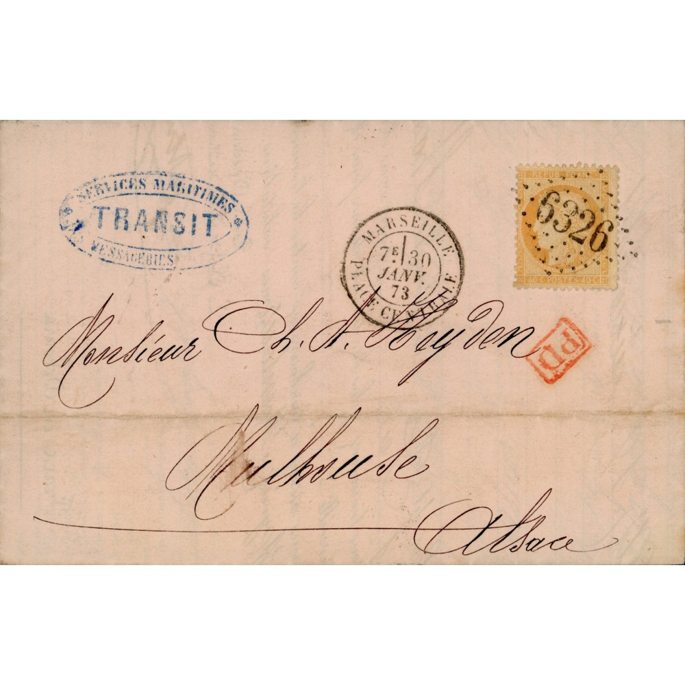 38 Oblitéré GC 6326 du 30/01/1873 - Depart Marseille (12) -   - Cote 58 Euros