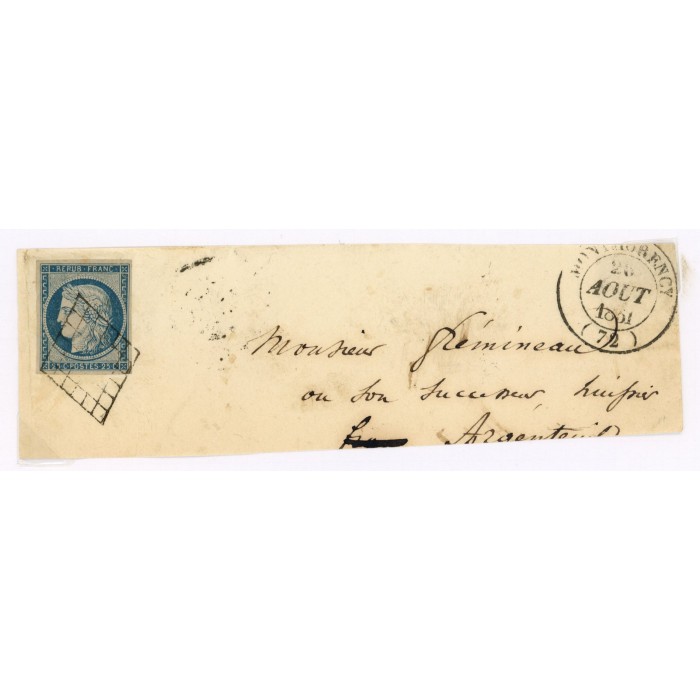 4 Oblitéré Grille du 26/08/1851 - Depart Montmorency (72) - Cote 100 Euros