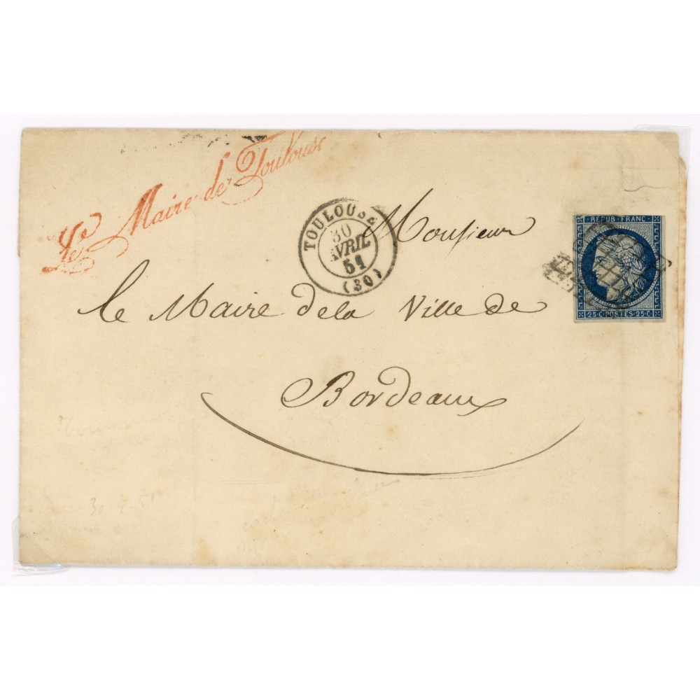 4 Oblitéré Grille du 30/04/1851 - Depart Toulouse (30) - Cote 100 Euros