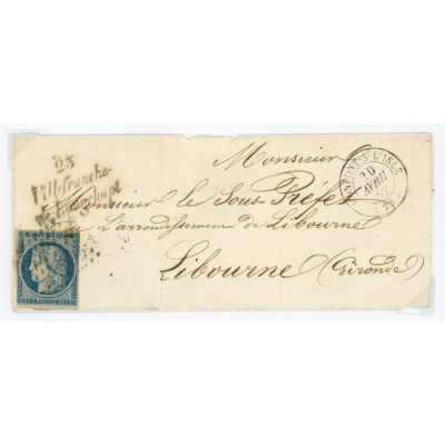 4 Oblitéré PC 2043 du 20/04/1852 - Depart Monpont sur l'Isle (23) - Cote 120 Euros