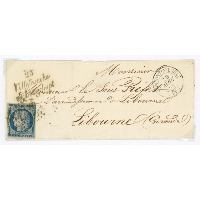 4 Oblitéré PC 2043 du 20/04/1852 - Depart Monpont sur l'Isle (23) - Cote 120 Euros