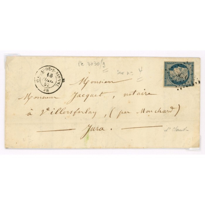 4 Oblitéré PC 3030 du 1852 - Depart Saint Claude sur Bienne (38) - Cote 108 Euros