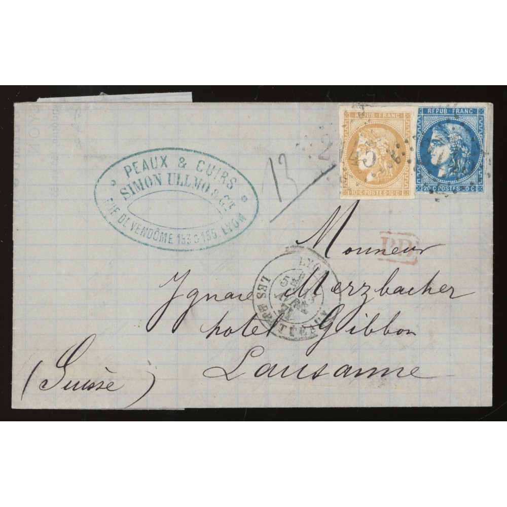 43 & 46B Oblitéré GC 2145 du 13/04/1871 - Depart Lyon (68) - Cote 233 Euros