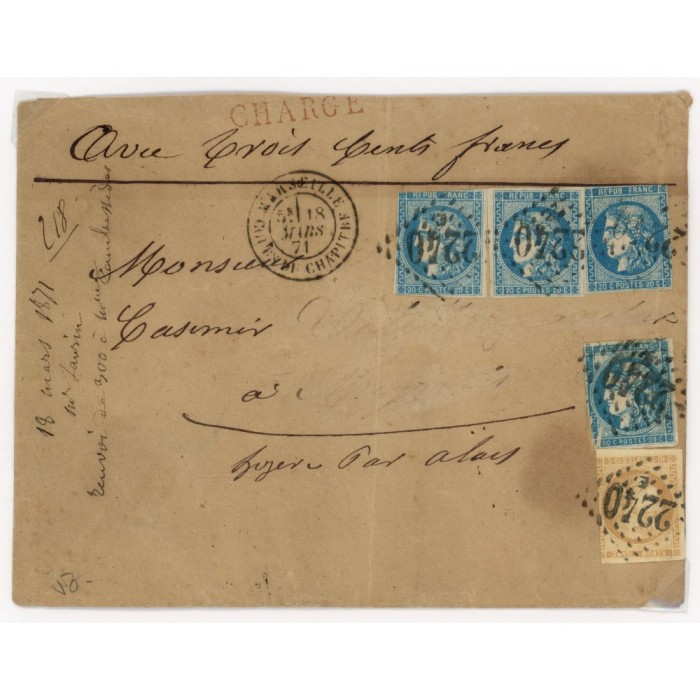 43 45 46 Oblitéré GC 2240 du 18/03/1871 - Depart Marseille (12) - 3 ex 46B, 1 ex 45, 1 ex 43 - Cote 403 Euros