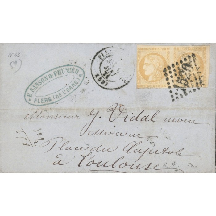 43 Oblitéré GC 1520 du 09/05/1871 - Depart Flers de l'Orne - Paire - Cote 303 Euros