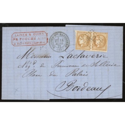 43 Oblitéré GC 286 du 14/03/1871 - Depart Baignes Ste Radegonde - 2 Timbres - Cote 210 Euros