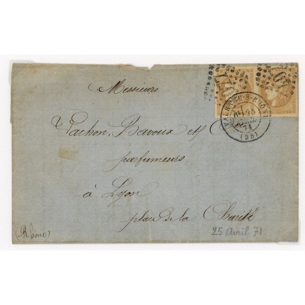 43 Oblitéré GC 4077 du 25/04/1871 - Depart Valence sur Rhone (25) - Paire - Cote 303 Euros