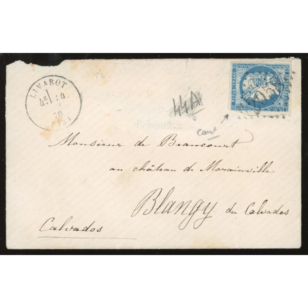 44A Oblitéré GC 2058 du 1870 - Depart Livarot - Cote 1305 Euros