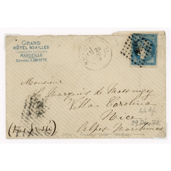 44A Oblitéré Petit Chiffre du 29/12/1870 - Depart Marseille (12) - Cote 1300 Euros