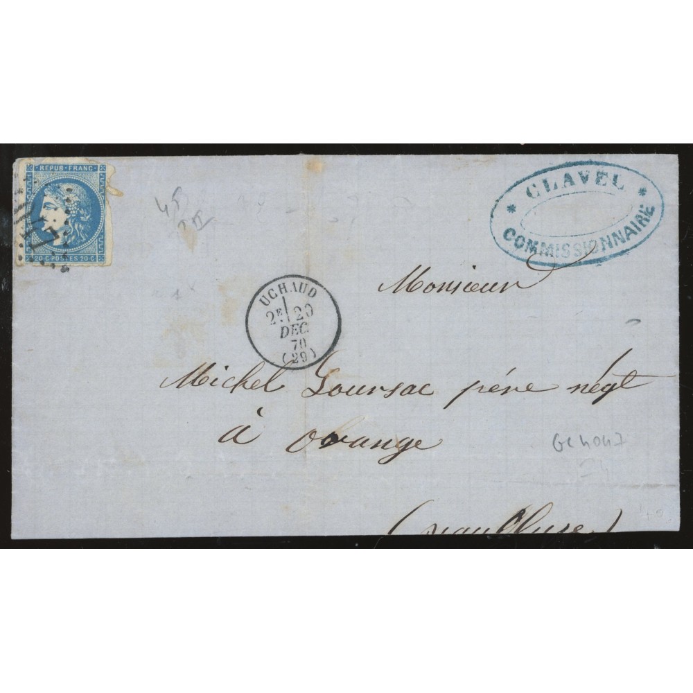 45 Oblitéré GC 4047 du 20/12/1870 - Depart Uchaud (29) - Cote 155 Euros