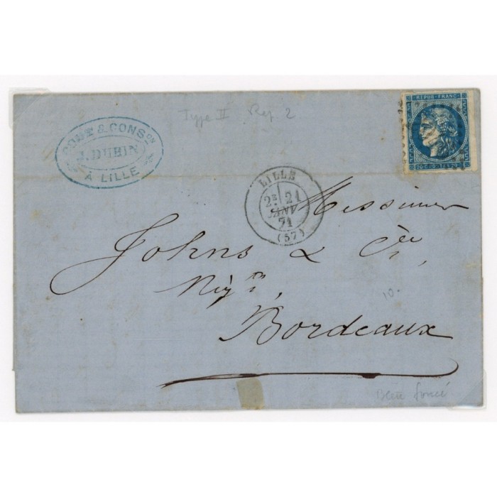 45B Oblitéré GC 2046 du 21/01/1871 - Depart Lille (57) - Cote 138 Euros