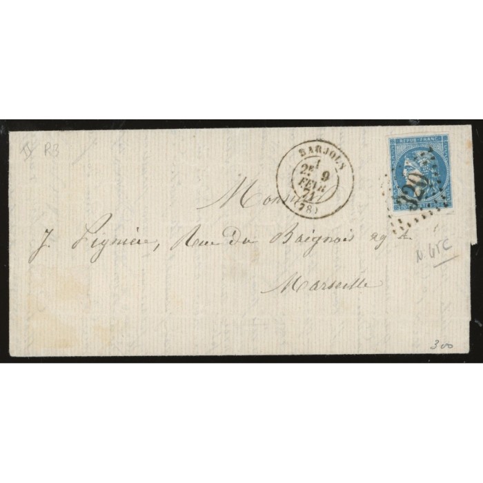 45C Oblitéré GC 320 du 09/02/1871 - Depart Barjols (78) - Cote 125 Euros