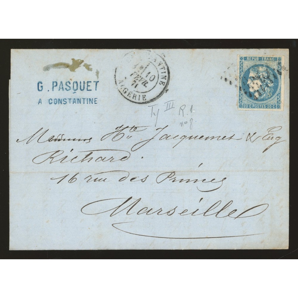 46A Oblitéré  du 10/02/1871 - Depart Constantine (Algérie) - Cote 340 Euros