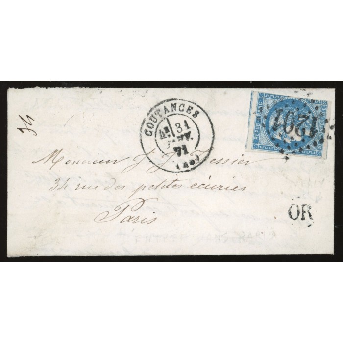46A Oblitéré GC 1201 du 31/01/1871 - Depart Coutances -  OR  dans un cercle - Cote 343 Euros