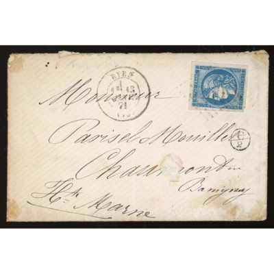 46A Oblitéré GC 3250 du 13/01/1871 - Depart Ryes - C2 dans un Cercle - Cote 325 Euros