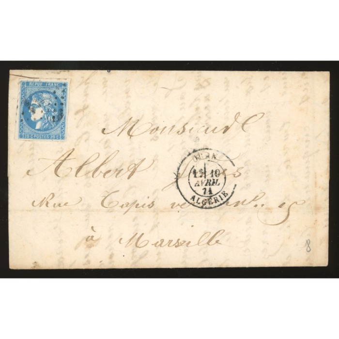 46B Oblitéré  du 10/04/1871 - Depart Oran (Algérie) - Cote 50 Euros