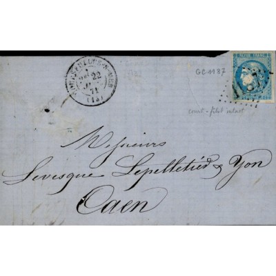 46B Oblitéré GC 1187 du 22/06/1871 - Depart Courseulles sur Mer (13) - Cote 45 Euros