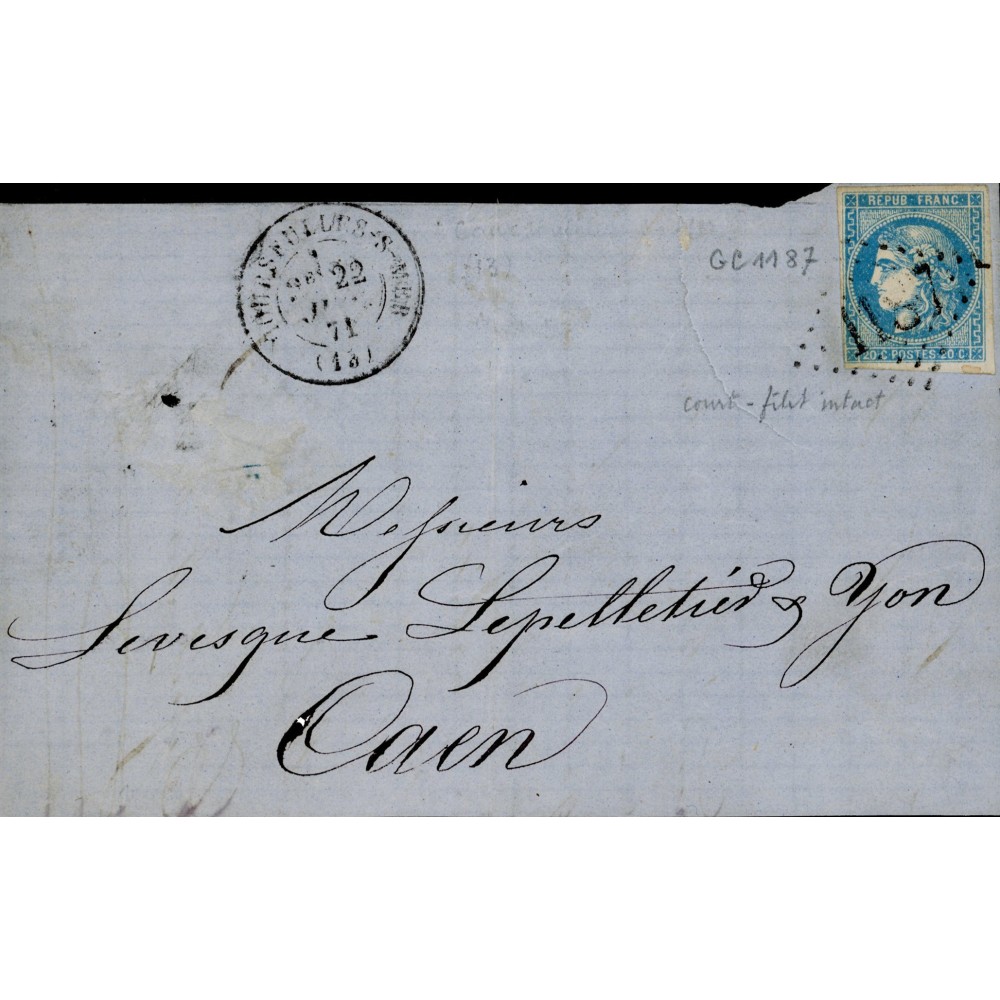 46B Oblitéré GC 1187 du 22/06/1871 - Depart Courseulles sur Mer (13) - Cote 45 Euros