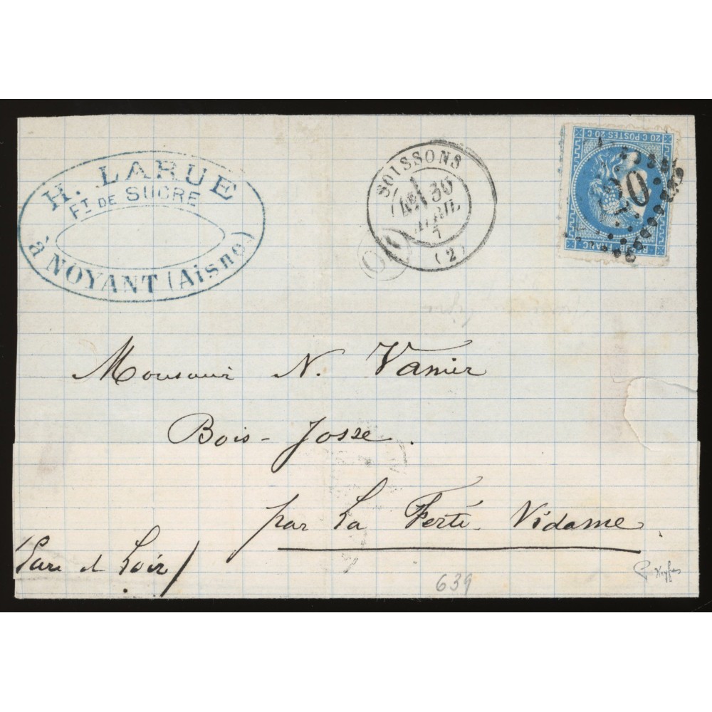 46B Oblitéré GC 3420 - Depart Soissons -  OR  dans un cercle - Cote 53 Euros