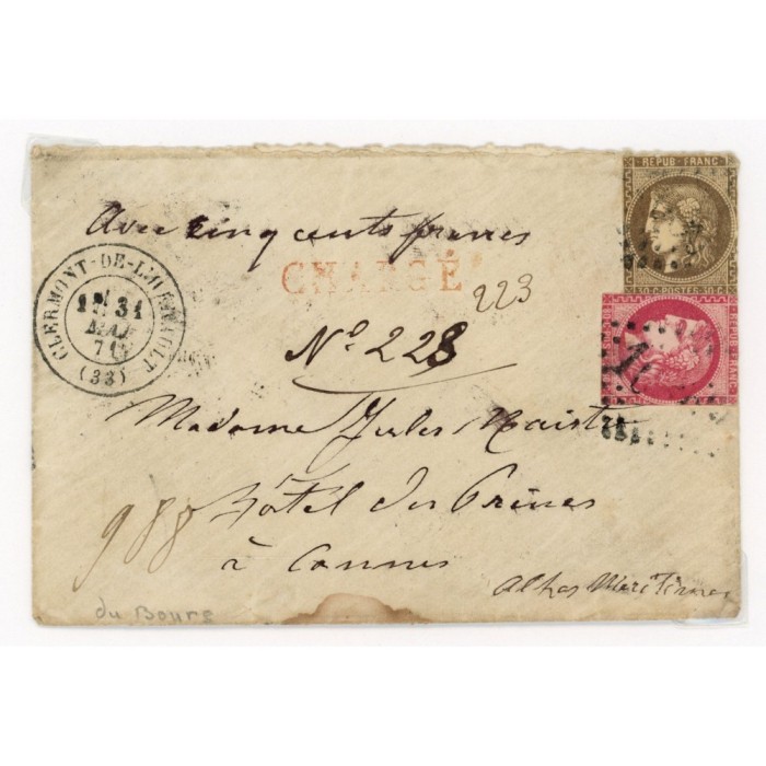 47 & 49 Oblitéré GC 1050 du 21/05/1871 - Depart Clermont de l'Hérault (33) - Chargé - Cote 653 Euros