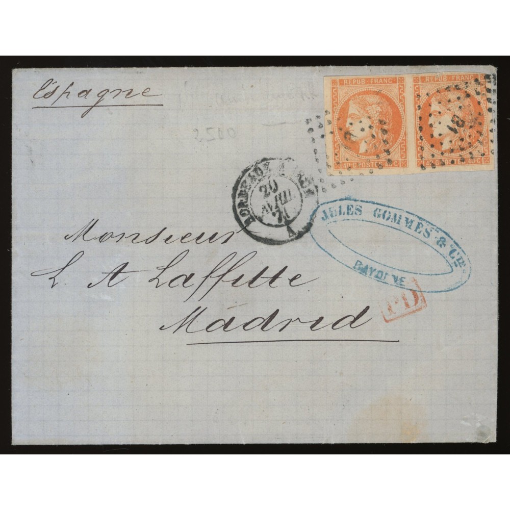 48 Oblitéré B1 du 20/04/1871 - Depart Bordeaux (32) - Paire - PD Rouge dans un rectangle - Cote 280 Euros