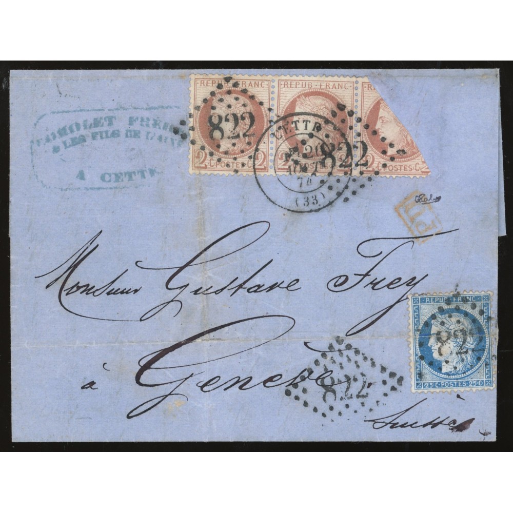 51 Oblitéré GC 822 du 20/08/1874 - Depart Cette (33) - Demi Timbre - Signé Calves - Cote 243 Euros