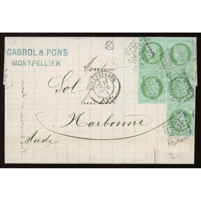 53 Oblitéré GC 2502 - Depart Montpellier (33) - 5 timbres - Cote 223 Euros