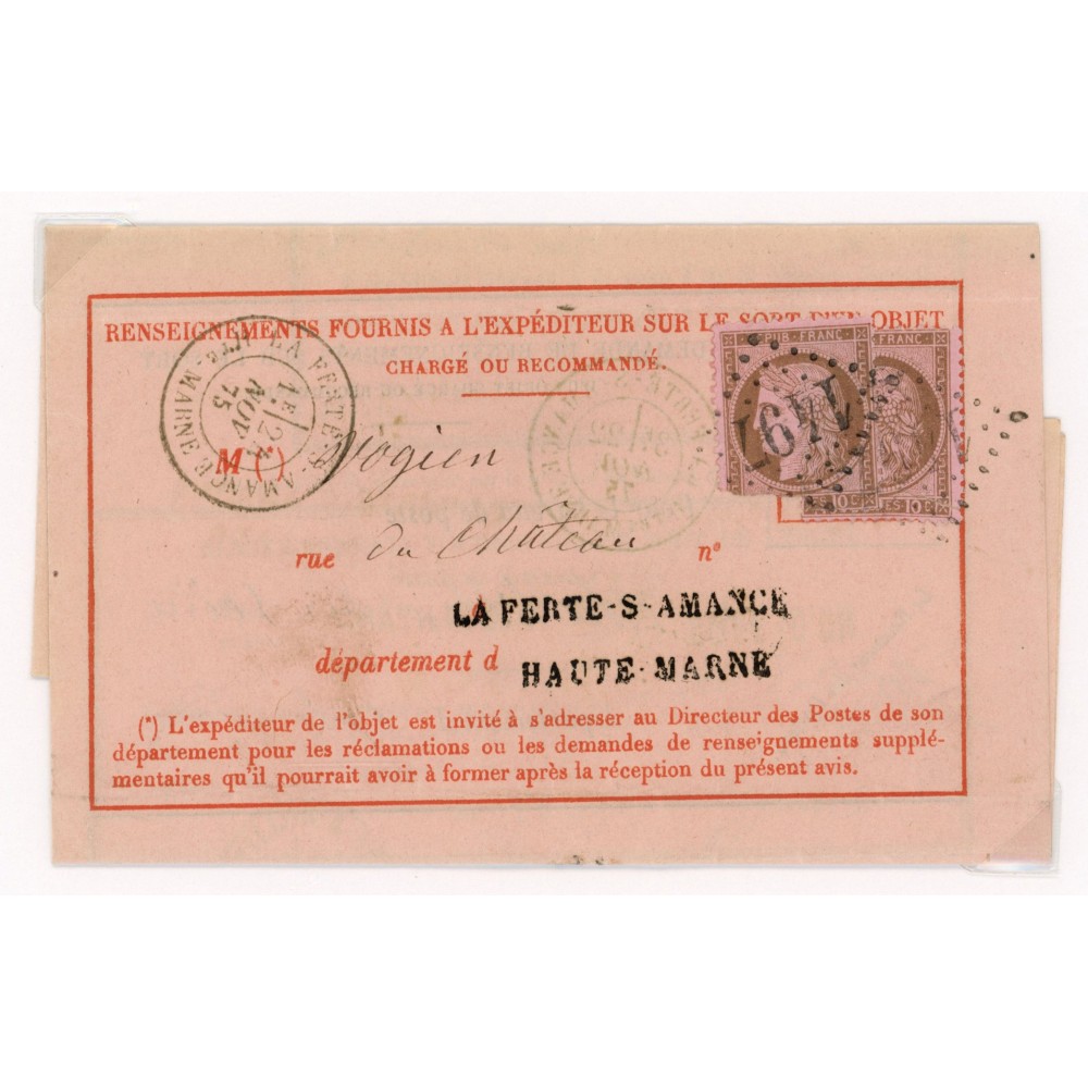 54 Oblitéré GC 1497 du 24/11/1875 - Depart La Ferté sur Amance (50) - 2 Timbres - Cote 43 Euros