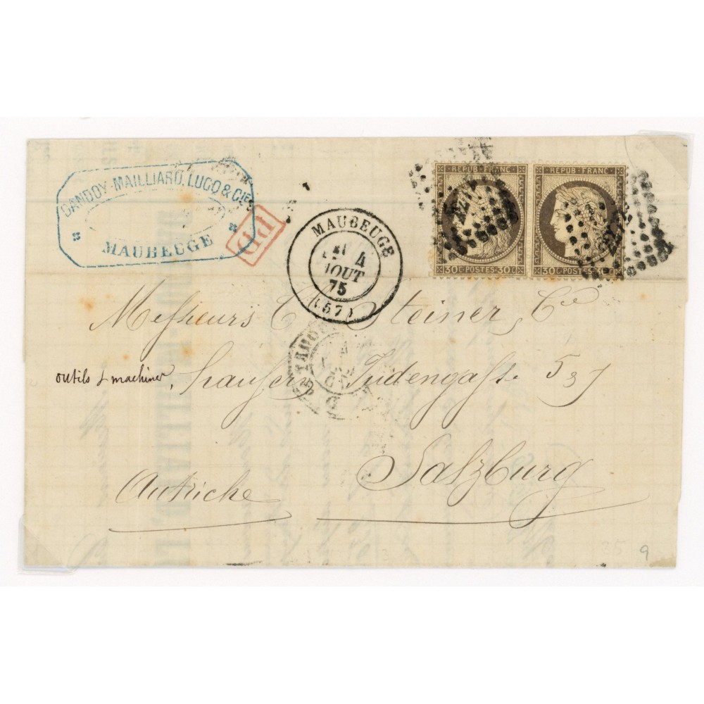 56 Oblitéré PC 2272 du 04/08/1875 - Depart Maubeuge (57) -   - Paire - Cote 88 Euros