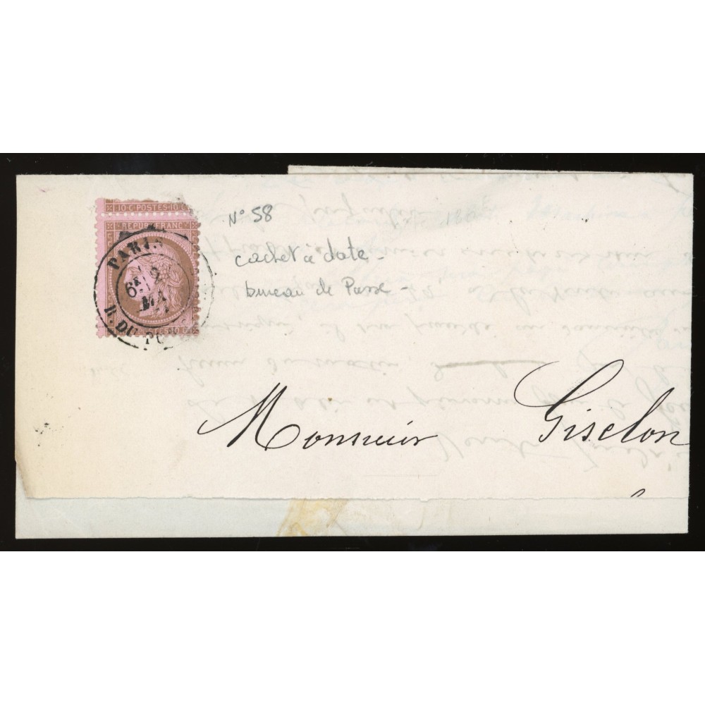 58 Oblitéré Cachet a Date - Depart  - Bureau de Passe au verso - Cote 130 Euros