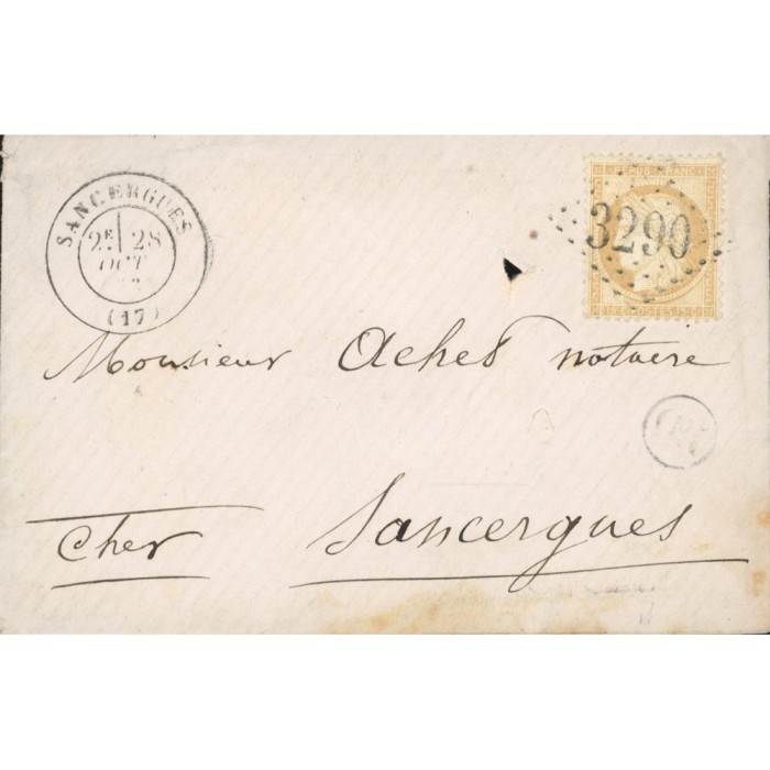 59 Oblitéré GC 3290 - Depart Sancergues -  OR  dans un cercle - Cote 43 Euros