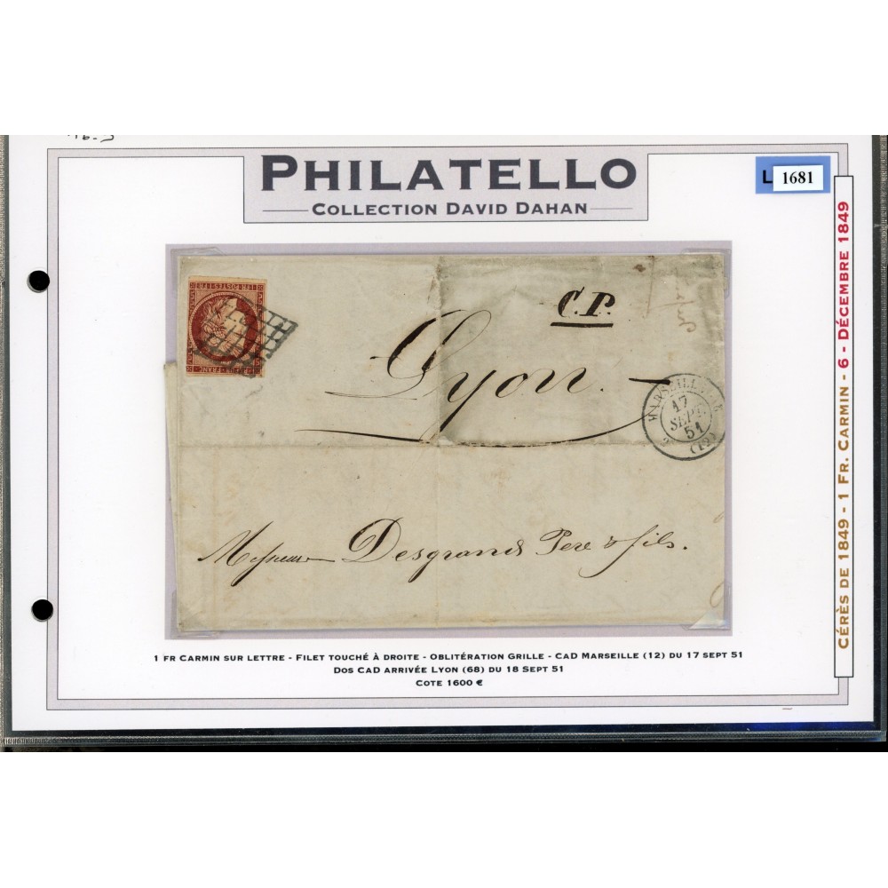 6 Oblitéré Grille du 17/09/1851 - Depart Marseille (12) - Cote 1700 Euros